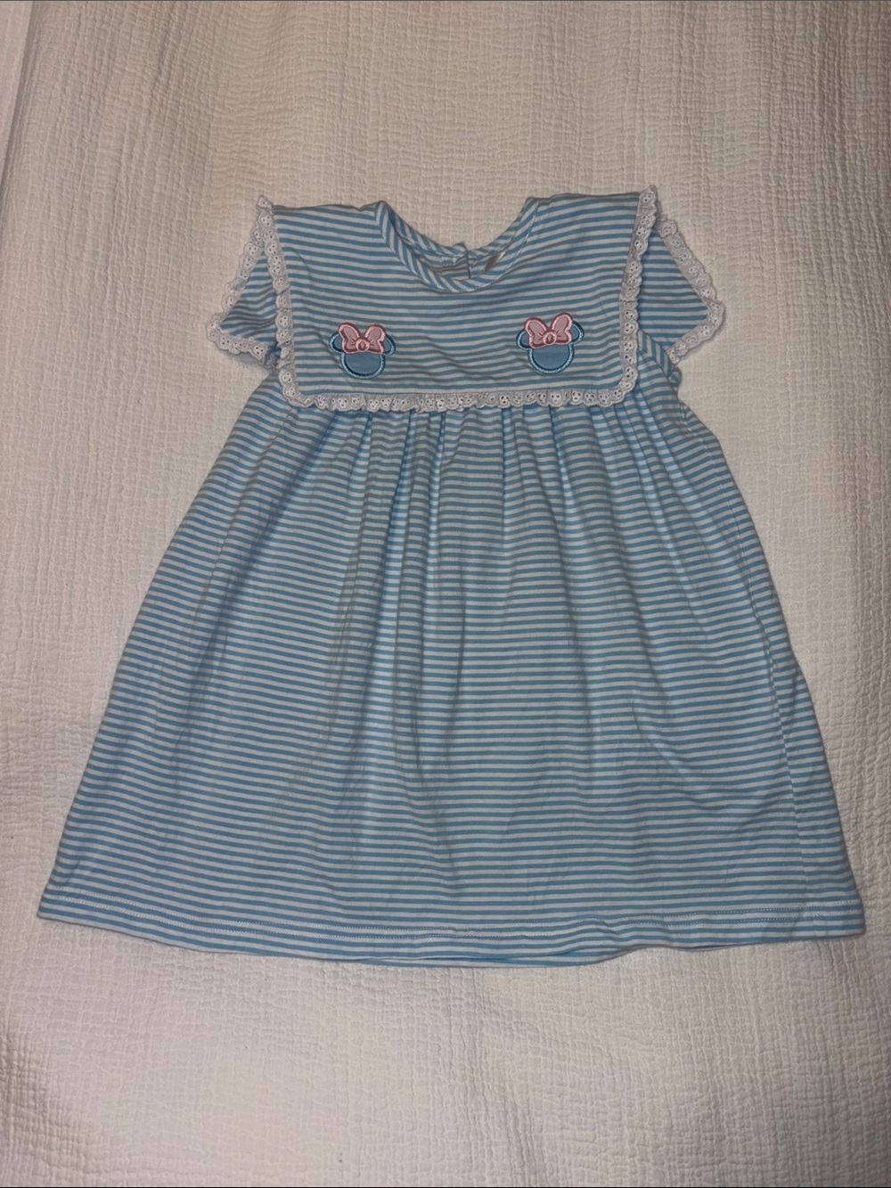 Blue Striped Girls' Casual Dress with Lace Yoke